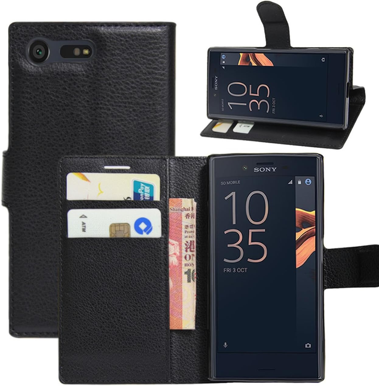 HualuBro Sony Xperia X Compact Case, Premium PU Leather Wallet Flip Phone Protective Case Cover for Sony Xperia X Compact 4.6 inch Smartphone (Black)
