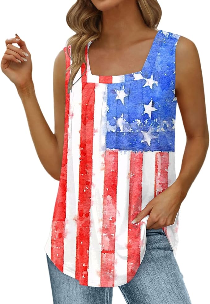 AVIS LAVEN Suer Tank Tops For Woen Loose Fit Pleated Square Neck Sleeveless Top Curved He