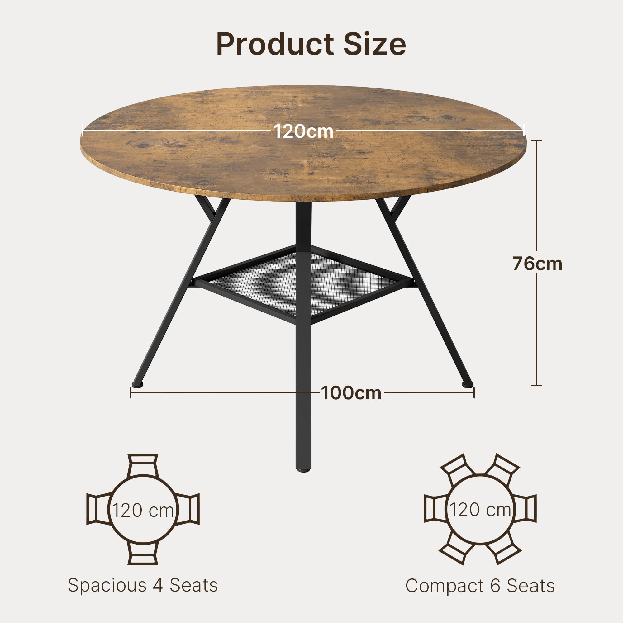 Runder Esstisch 120 cm, Esszimmertisch Holz für 4–6 Personen, mit Ablage und stabilem Metallgestell, platzsparender Küchentisch im Industrial Design für Esszimmer Küche Wohnzimmer, Retro