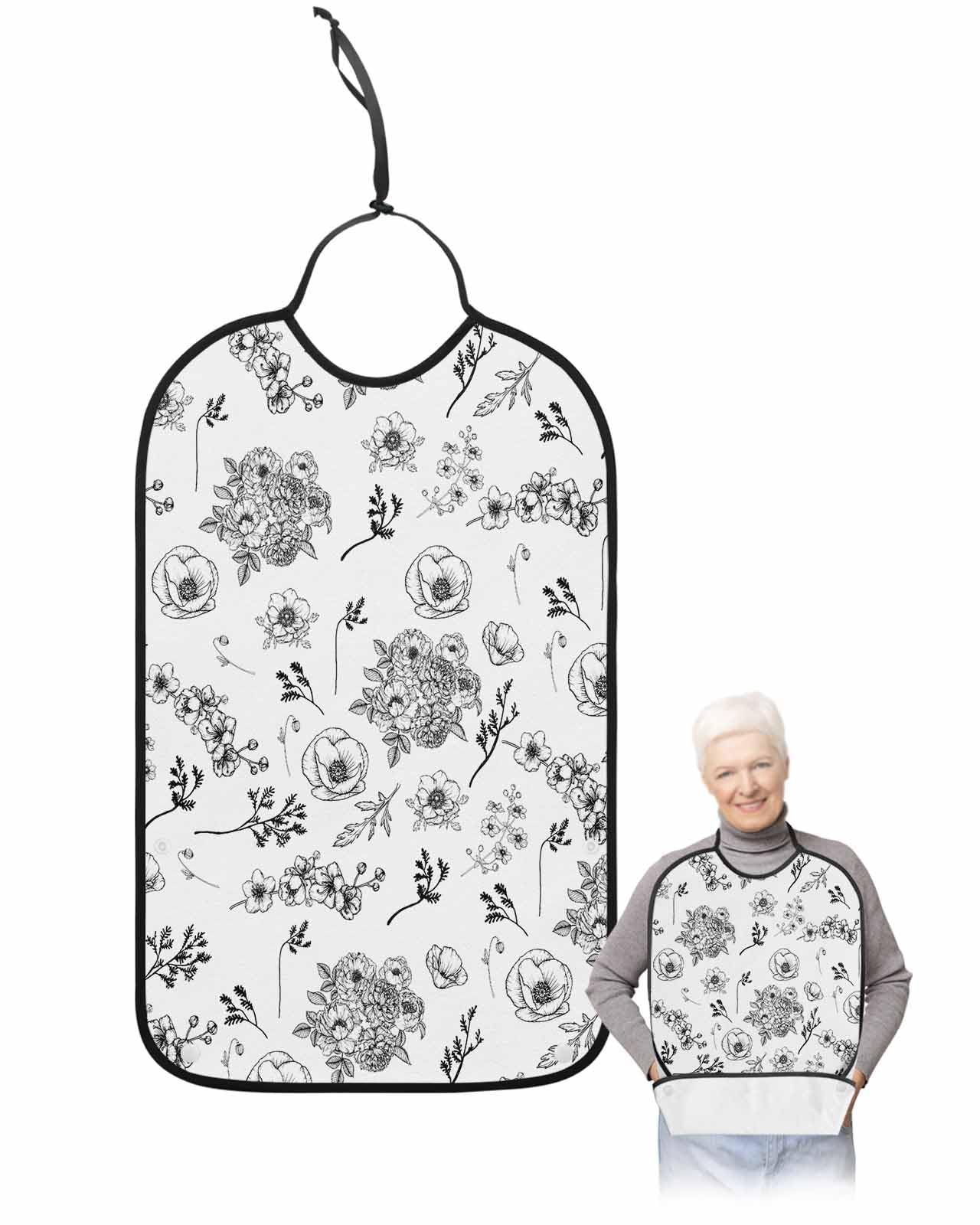LEOKOTI Black Spring Floral Adult Bibs for Eating, Waterproof Bibs with Food Catcher & Adjustable Snap Closure, Vintage Summer Botanical Pastoral Washable Clothing Protectors Adult Bibs for Elderly
