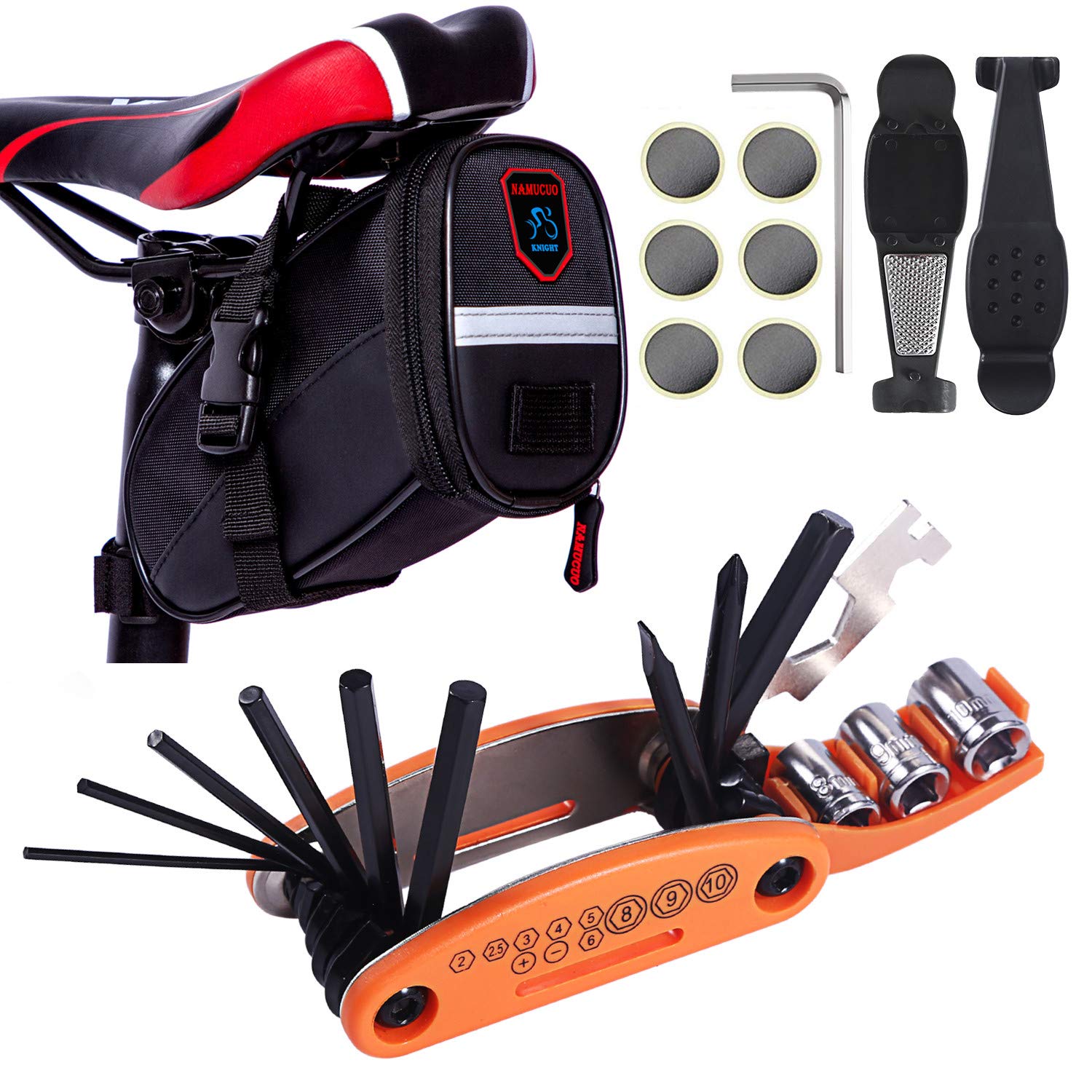 YBEKI 10-in-1 Bike Repair Kit with, 3-in-1 Tire Levers, Glueless Patches, Multifunctional Bone Wrench & Waterproof Saddle Bag | Compact Bicycle Multi-Tool Kit for Emergency Roadside Repairs