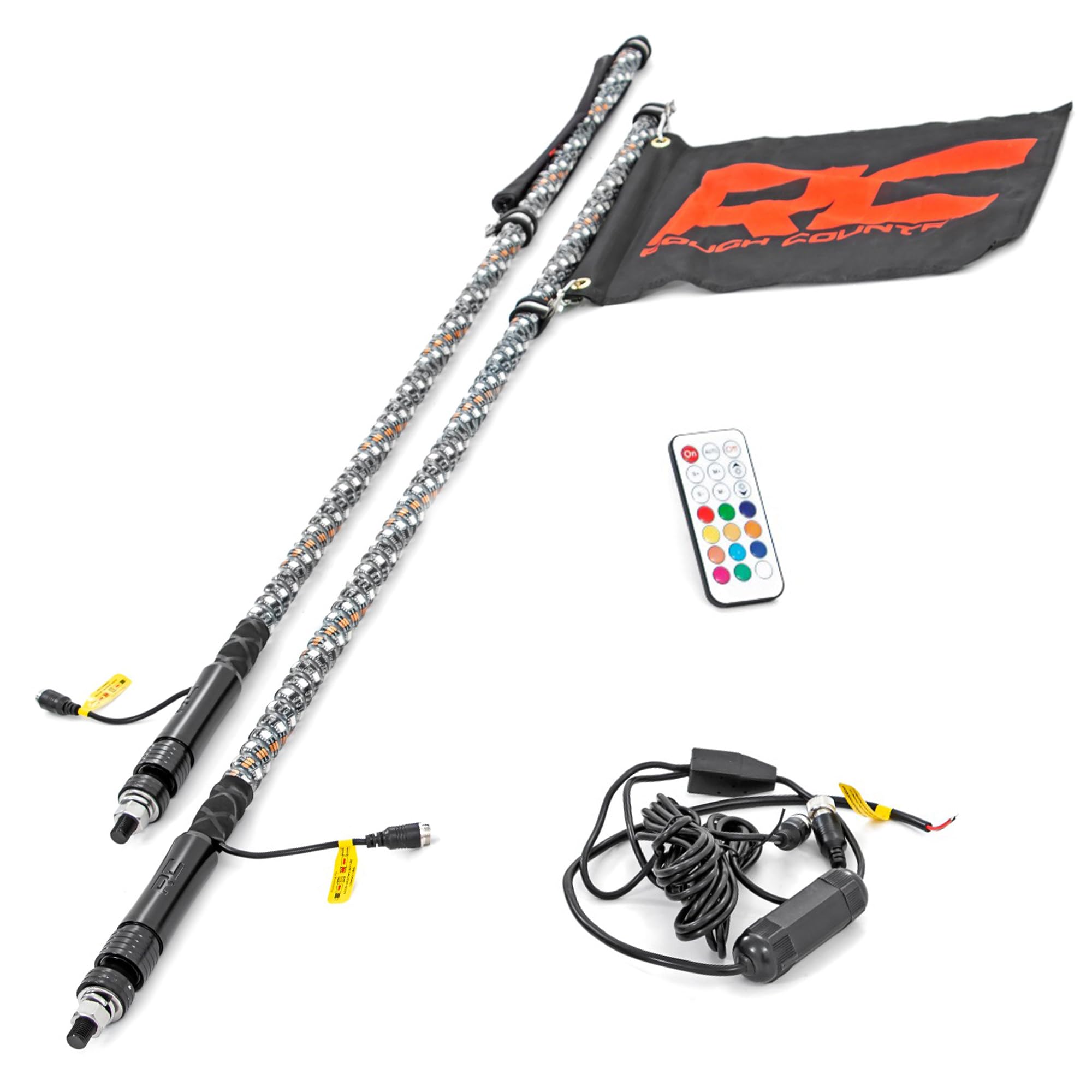 Rough Country 4' LED Whip Lights for UTV, ATV - Set of 2, 48" UTV LED Whips, Multi-Color RGB LEDs, 300 Patterns, Waterproof, Quick-Release Base