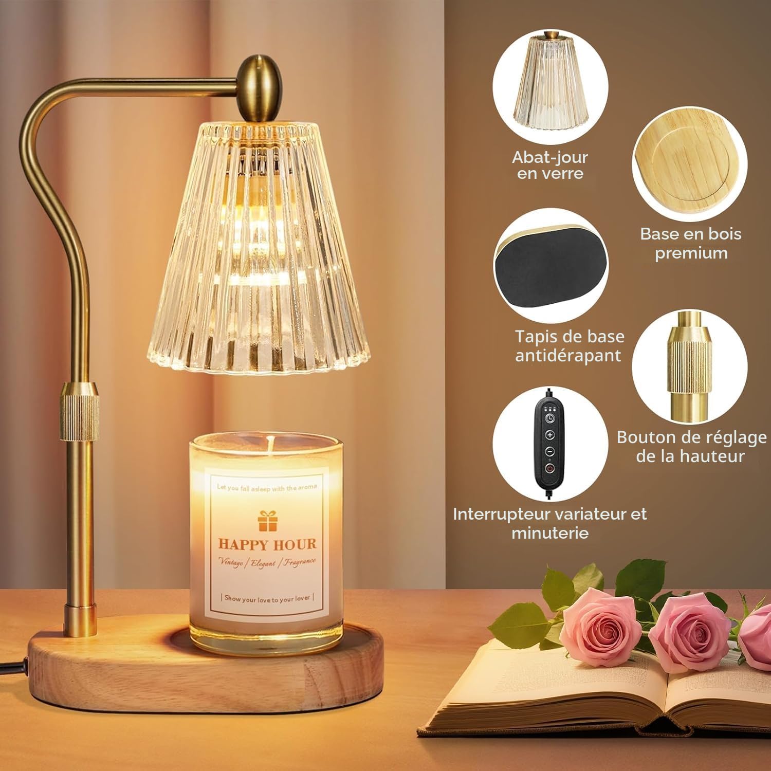Loowoko Lampe Chauffe Bougie, Chauffage Bougie avec Minuterie et Variateur,Réglable en Hauteur,avec 2 Ampoules,Candle Warmer Lamp pour Bougies Parfumées en Verre, Maison, Chambre, Décoration