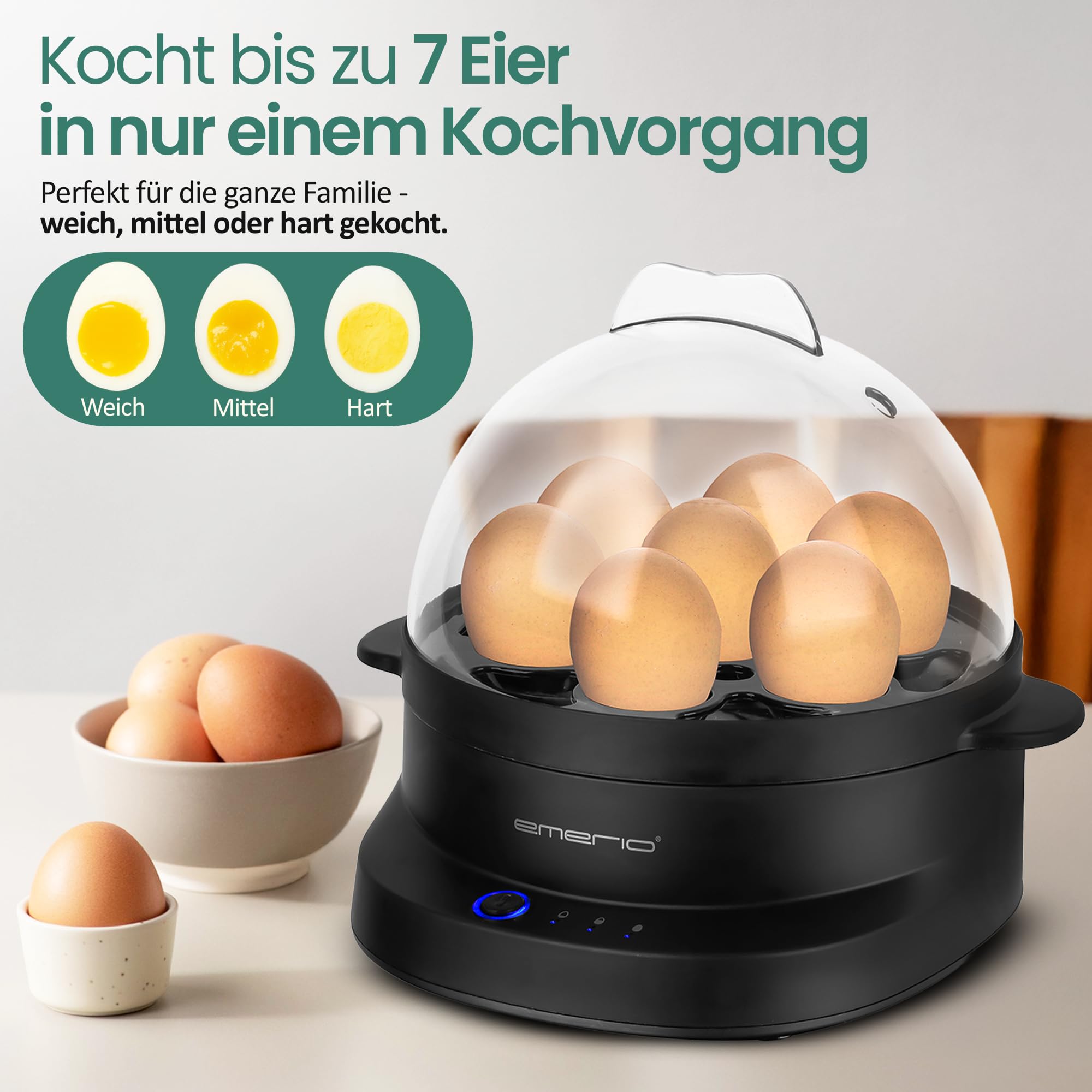 Cuiseur à Œufs Emerio – 7 Œufs 3 Niveaux De Cuisson En 1 Seule Opération – Vocal 8 Langues (FR, EN, DE…) – Sans BPA Cuiseur 7 œufs Doux Moyen Dur