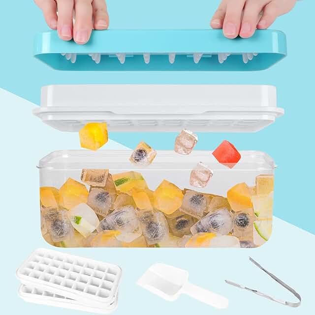 Ice Cube Tray with Lid, 2*32 Stackable Ice Trays for Freezer with Ice Bin, Scoops, Tongs, Ice Molds Press to Release All I...