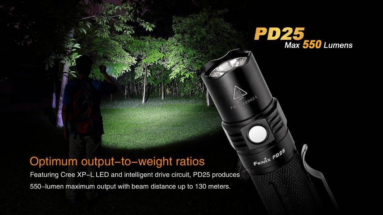 Crazy Deals EdisonBright Fenix PD25 550 Lumen CREE XP-L V5 LED Tactical EDC Flashlight with Holster, Clip CR123A Lithium Battery Bundle