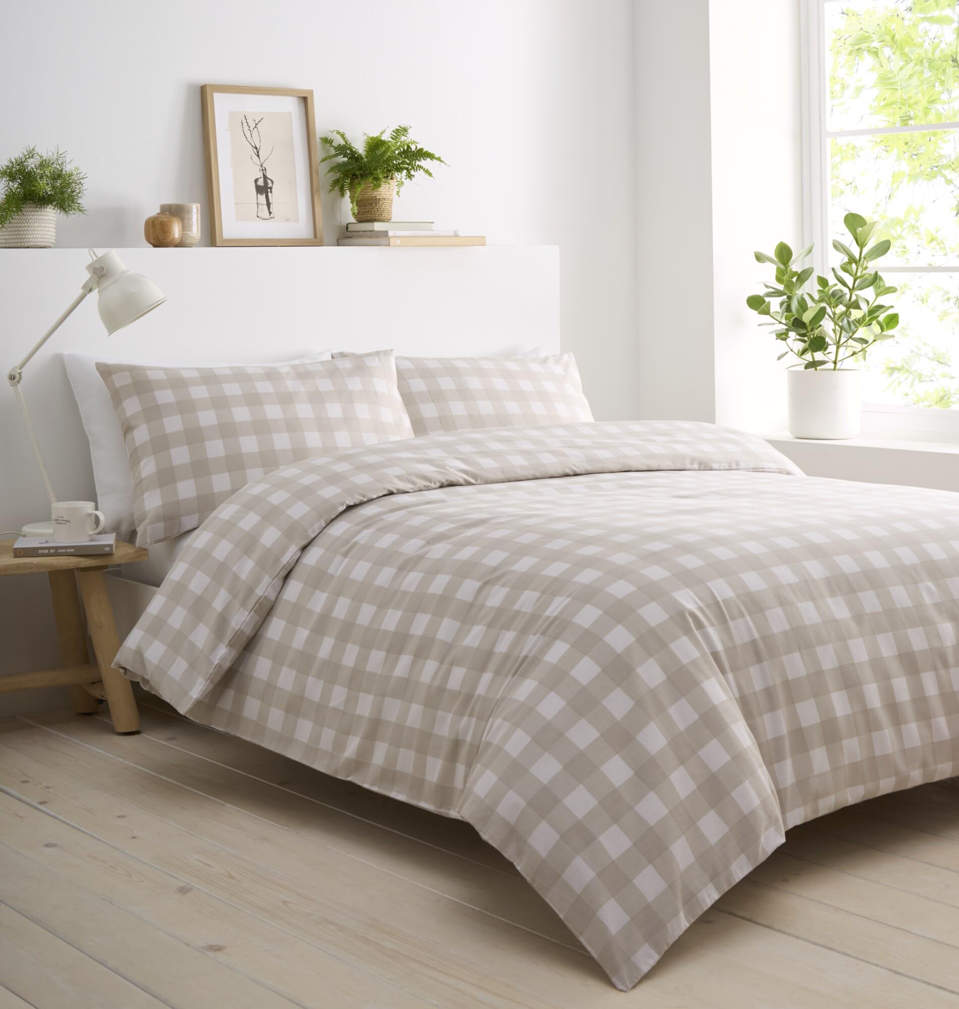 Portfolio Home Natural Gingham Check Single Soft Easy Care Bed Linen Bedding Duvet Cover Quilt Set With Pillow Case