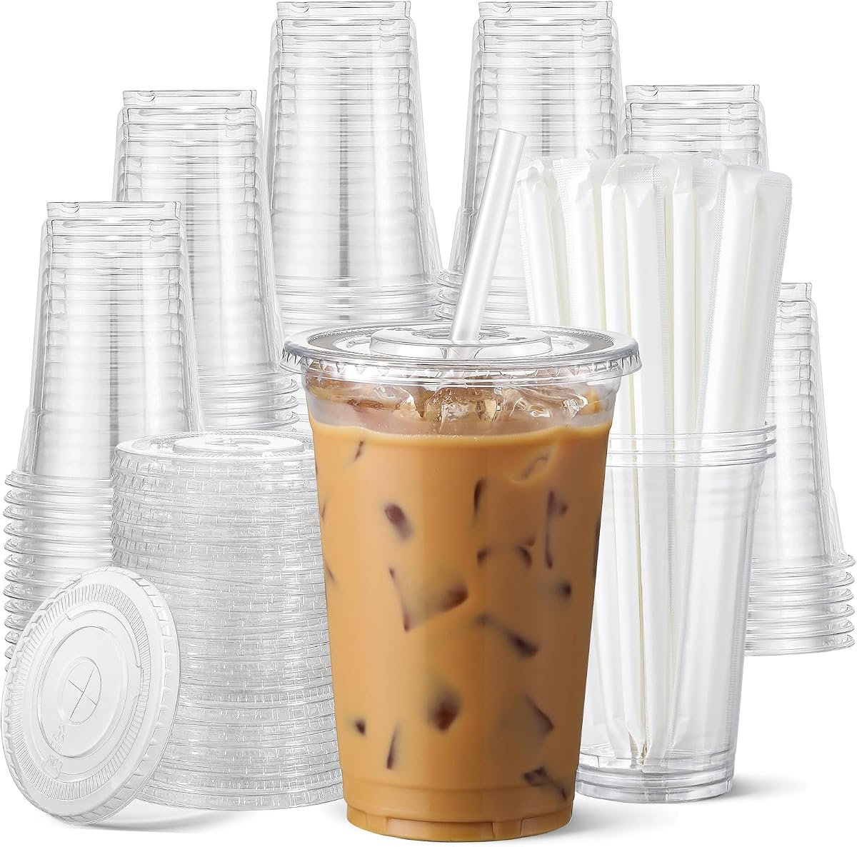 AOZITA Paquete de 100 – Vasos de plástico transparente de 12 oz con tapas y pajitas, tazas de café helado desechables aptas para alimentos para bebidas frías, batidos, café helado, a prueba de fugas, sin BPA