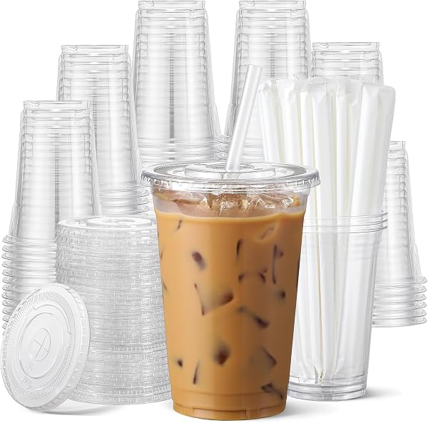 AOZITA 100 Pack - Clear Plastic Cups with Lids and Straws