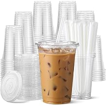 AOZITA 100 Pack - 20 oz Clear Plastic Cups with Lids and Straws, Food Safe Disposable Iced Coffee Cups for Cold Beverages, Smoothies, Iced Coffee, Leak-Proof, BPA-Free