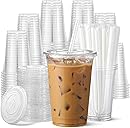 AOZITA 100 Pack - 16 oz Clear Plastic Cups with Lids and Straws, Food Safe Disposable Iced Coffee Cups for Cold Beverages, Smoothies, Iced Coffee, Leak-Proof, BPA-Free
