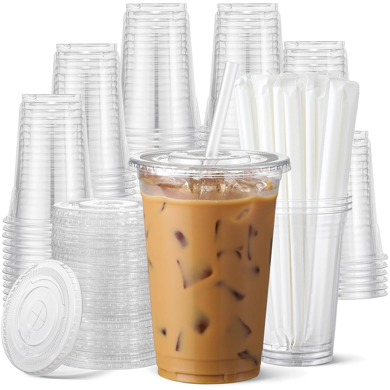 AOZITA 100 Pack - 16 oz Clear Plastic Cups with Lids and Straws Food Safe Disposable Iced Coffee