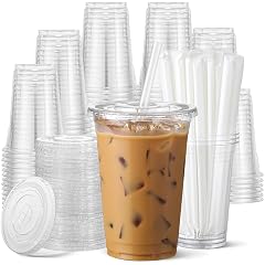 AOZITA 100 Pack - 16 oz Clear Plastic Cups with Lids and Straws Food Safe Disposable Iced Coffee