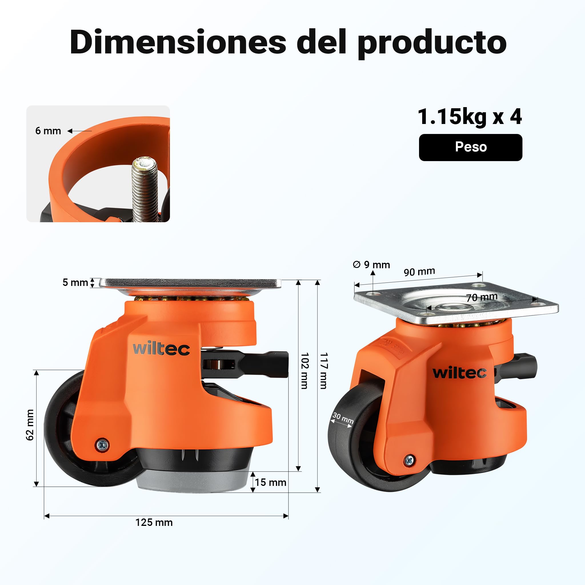 Wiltec Set 4 ruedas para cargas pesadas2000 kg retráctiles con manivela de carraca, 4 x 500 kg, ruedas para muebles, maquinaria y transporte de cargas