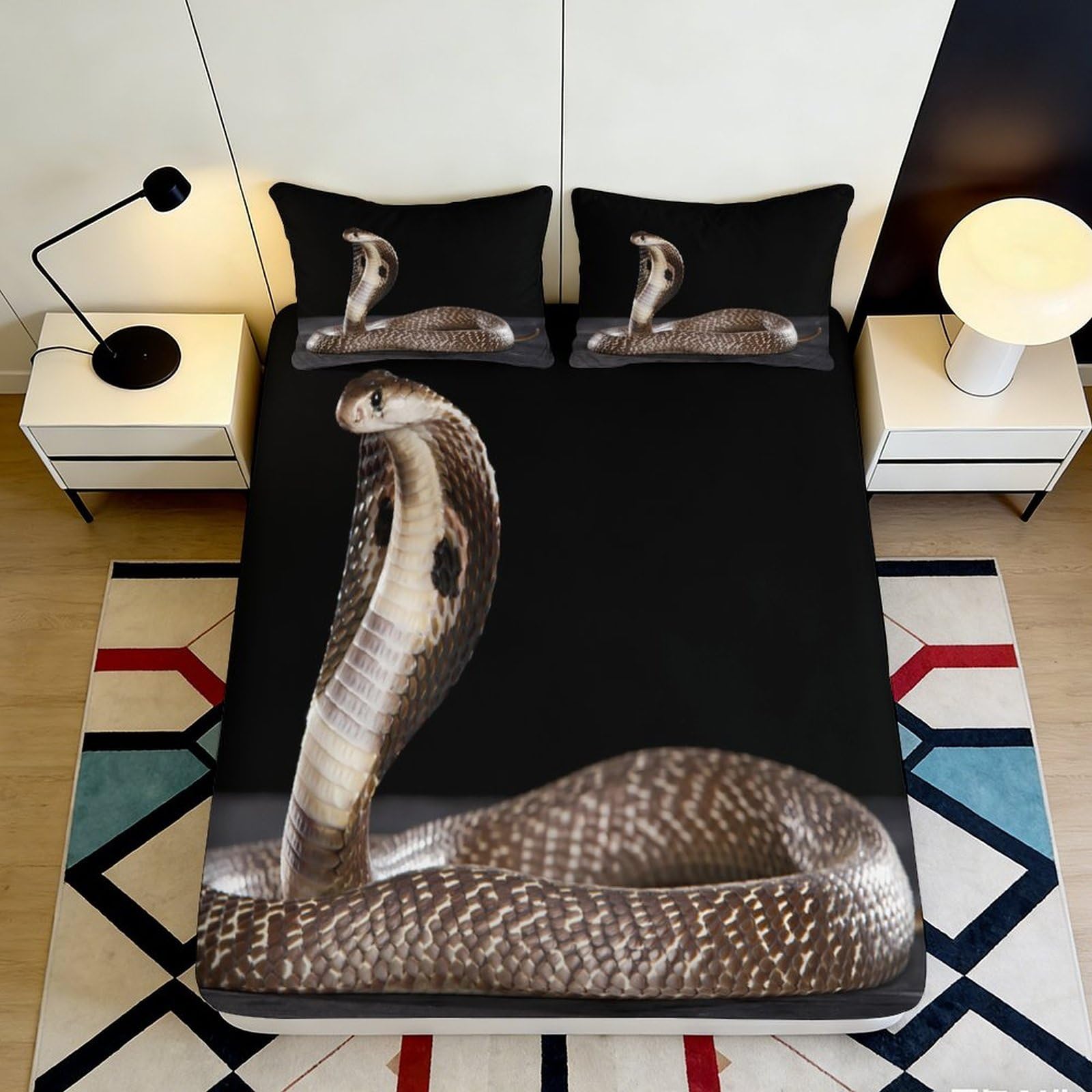 Decorative 3D Printed Cobra Fitted Sheet, Microfiber Soft Touch, Bed Cover for Home Bedroom, Wrinkle Resistant, Apartment Bedding, chars 120x200x25cm