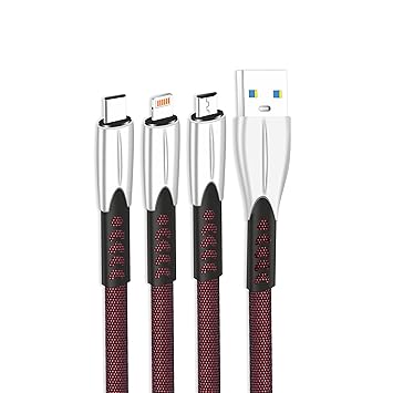 Foxin MAC07 3 in 1 Parallel Charging Nylon Braided & Aluminium Alloy Metal cable with 3.0A Fast Charging and 480 MBPS Data transfer rate, 1.2 Meters long, High Speed Smart Charging Cable, Compatible with IOS/Android, Micro and Type-C devices (Maroon)