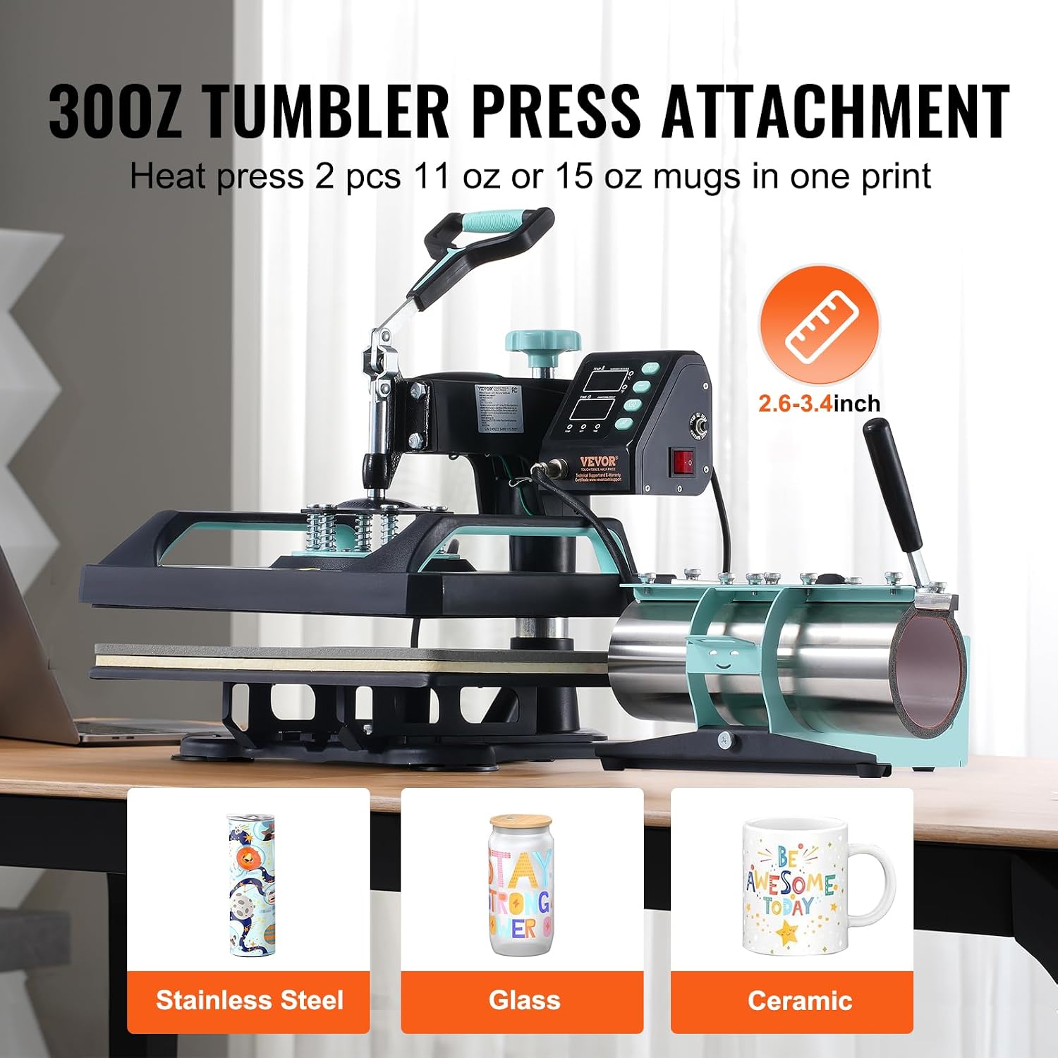 VEVOR 5 in 1 Heat Press Machine Combo with 30 OZ Tumbler Press & Hat Press 12x15 inch Heat Press for T-Shirts, Hats Caps Tumblers Glass Cans Mugs, and Plates (Green & Black)