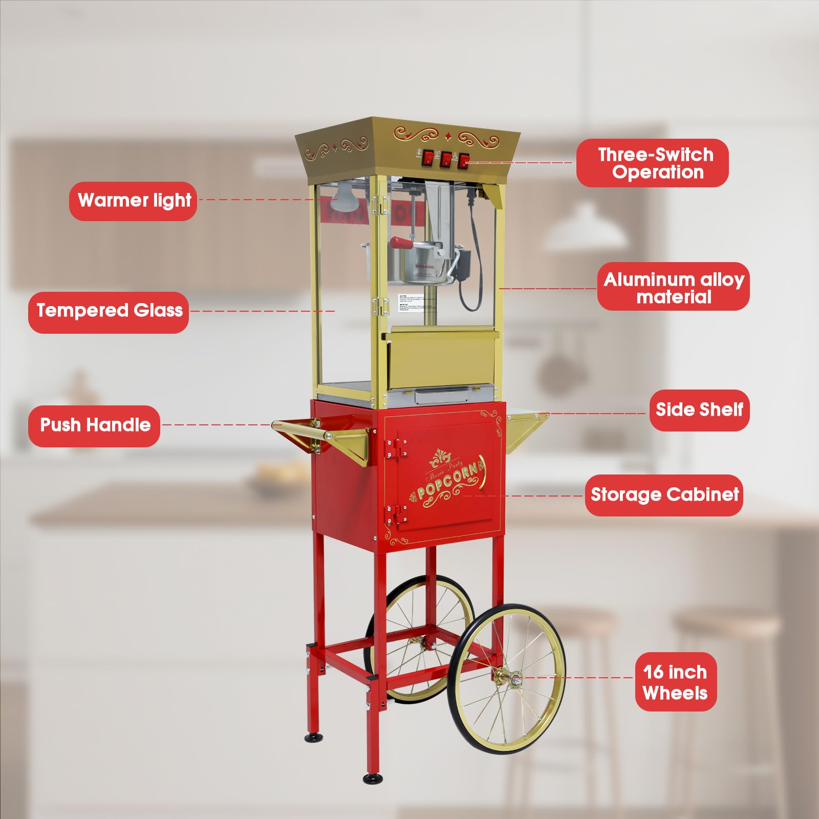 Carrello per popcorn da 340 g con bollitore in acciaio inossidabile, lampada termica e accessori per riunioni di famiglia, feste, vacanze e distributori di popcorn al cinema, rosso
