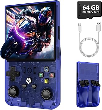 R36MAX Retro Gaming Console, Retro Handheld Games Console with 64GB TF Card, Portable Hand Held Open Source Linux System, 4.0 inch IPS HD Screen Video Game Consoles, 4000mAh Battery Blue
