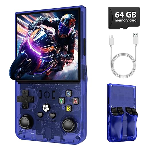 R36MAX Retro Gaming Console, Retro Handheld Games Console with 64GB TF Card, Portable Hand Held Open Source Linux System, 4.0 inch IPS HD Screen Video Game Consoles, 4000mAh Battery (Blue)