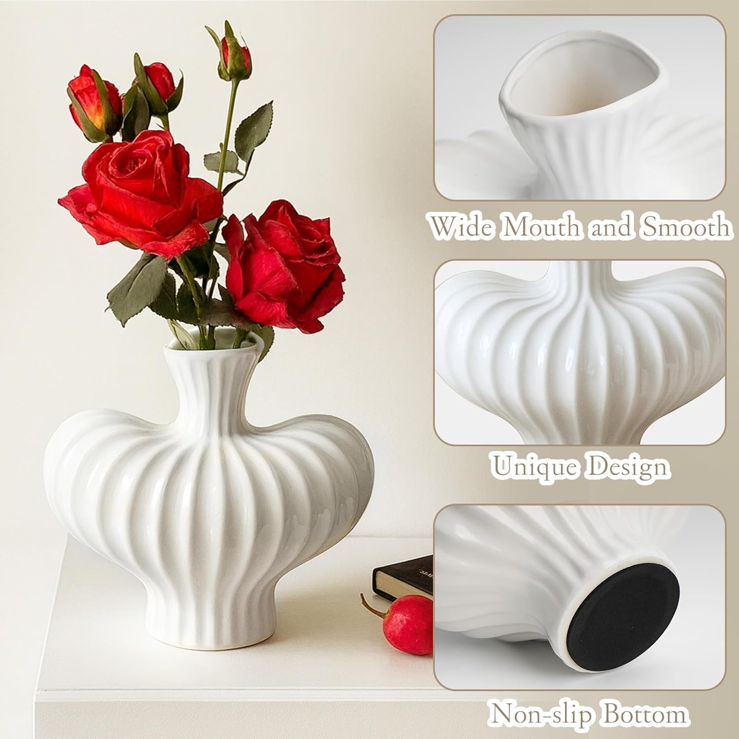 Ruckae White Ceramic Vase 7.5 Inch Vintage Flower Vase Cute Pumpkin Vases for Pampas Grass,Home Decor,Farmhouse,Office Decor,Table and Kitchen Shelf - Image 3