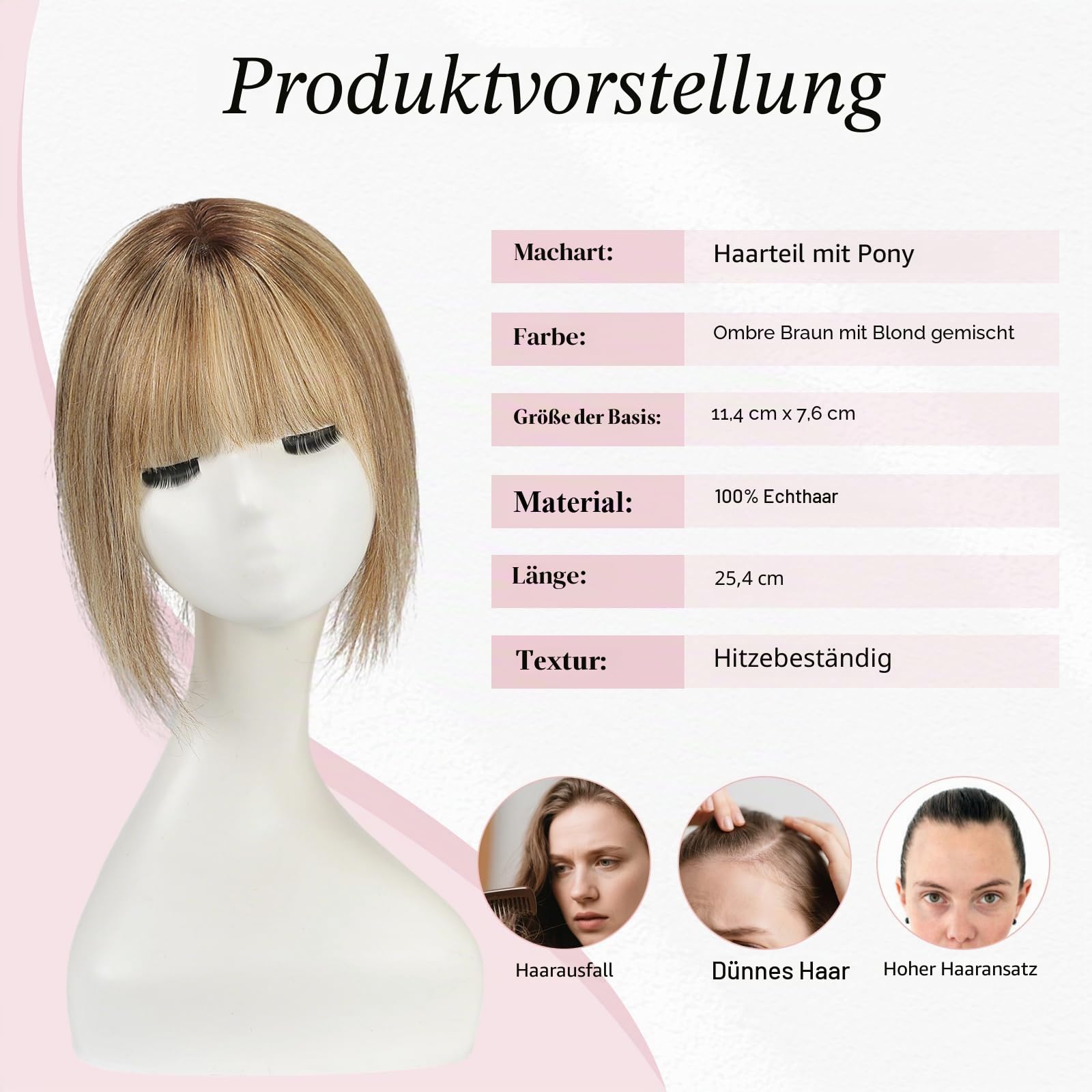 EMMOR 10 Zoll Echthaar Haarteil für Frauen – Verbesserte Schweizer Spitzenbasis mit 3 rutschfesten Clips, 4,5" x 3" Clip-in Pony für dünner werdendes Haar(Ombre Braun mit blonden Strähnen)