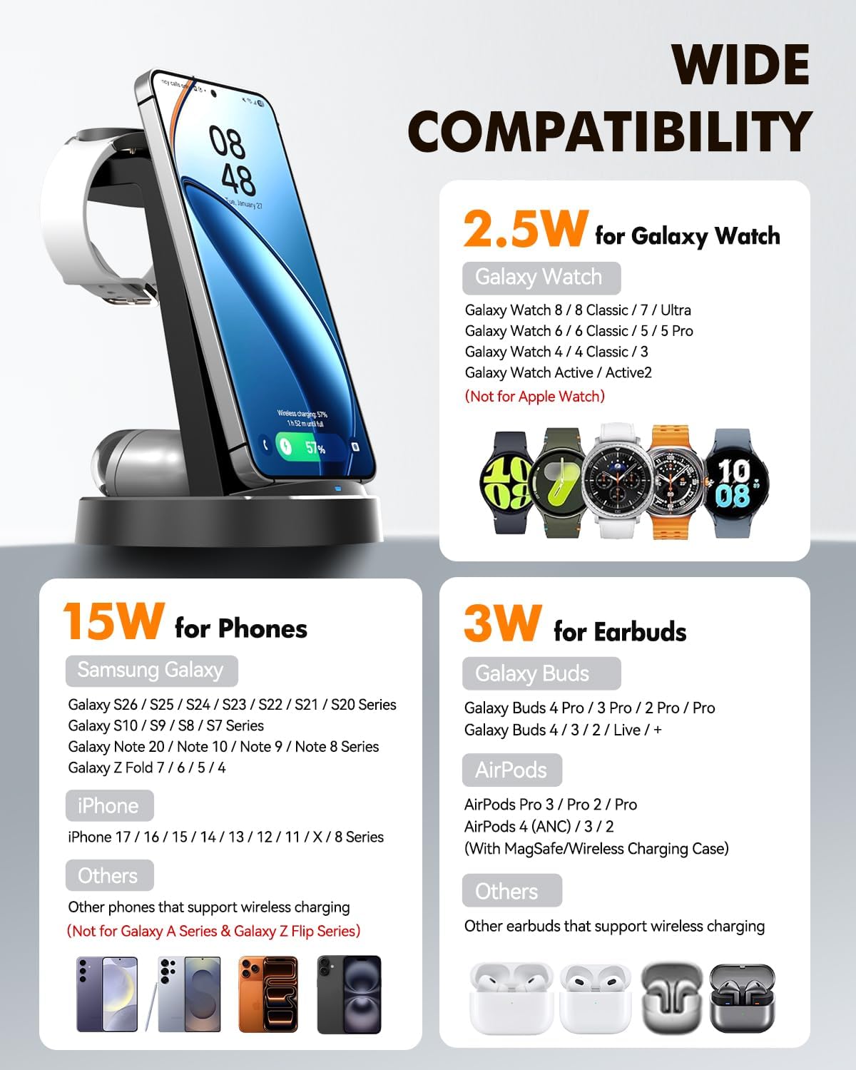 サムスン充電ステーション用ワイヤレス充電器:Samsung Galaxy Watch Ultra 8 7 6 5 Pro用3イン1