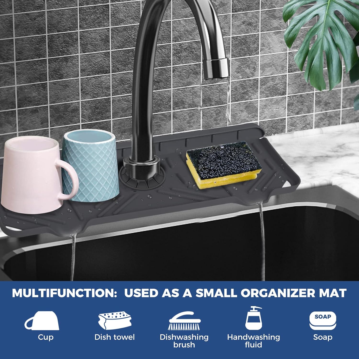 Silicone Faucet Handle Drip Catcher Tray, Kitchen Sink Sponge Holder Soap Tray for Kitchen Sink Splash Guard Behind Faucet Drying Mat Sink Accessories, Silicone Faucet Mat for Kitchen Counter Bathroom