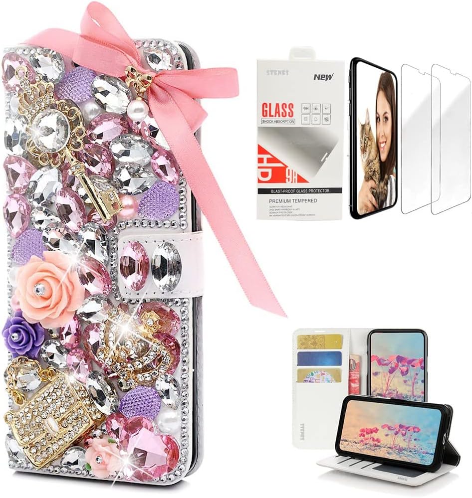 STENES Bling Wallet Phone Case Compatible with Samsung Galaxy S23 - Stylish - 3D Handmade Crystal Bow Key Rose Bag Crown Magnetic Wallet Leather Cover with Screen Protector [2 Pack] - Pink