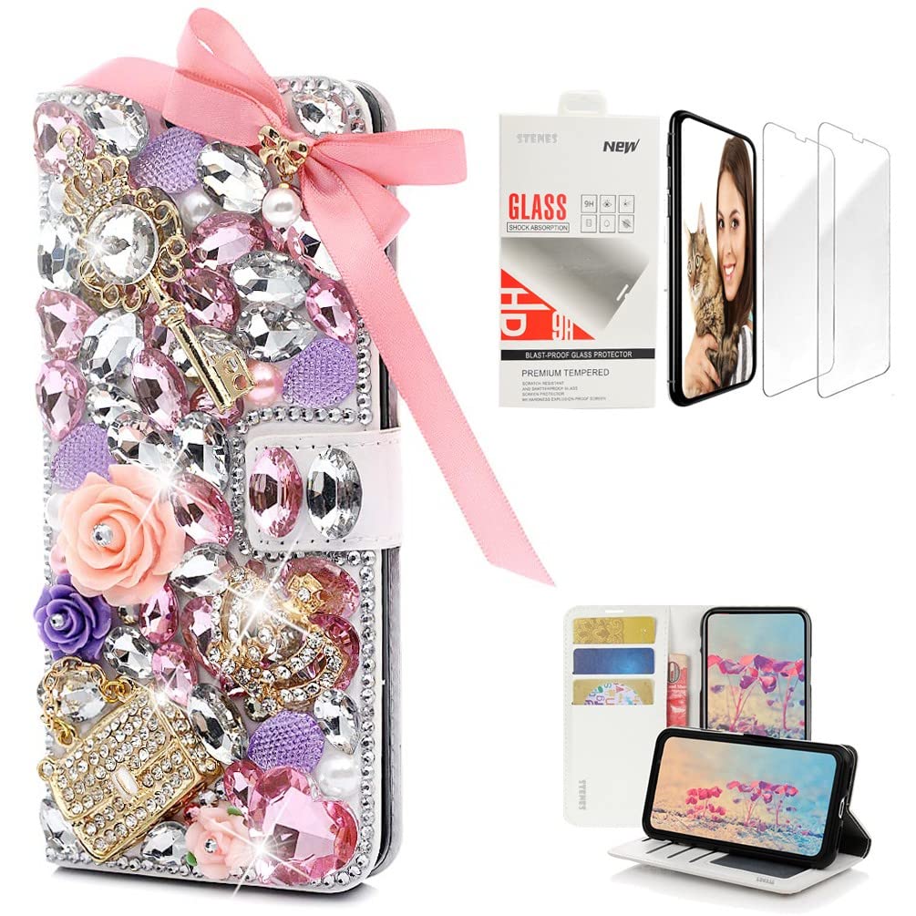 STENES Bling Wallet Phone Case Compatible with Moto G Stylus 5G 2024 - STYLISH - 3D Handmade Crystal Bow Key Rose Bag Crown Magnetic Wallet Leather Cover with Screen Protector [2 Pack] - Pink