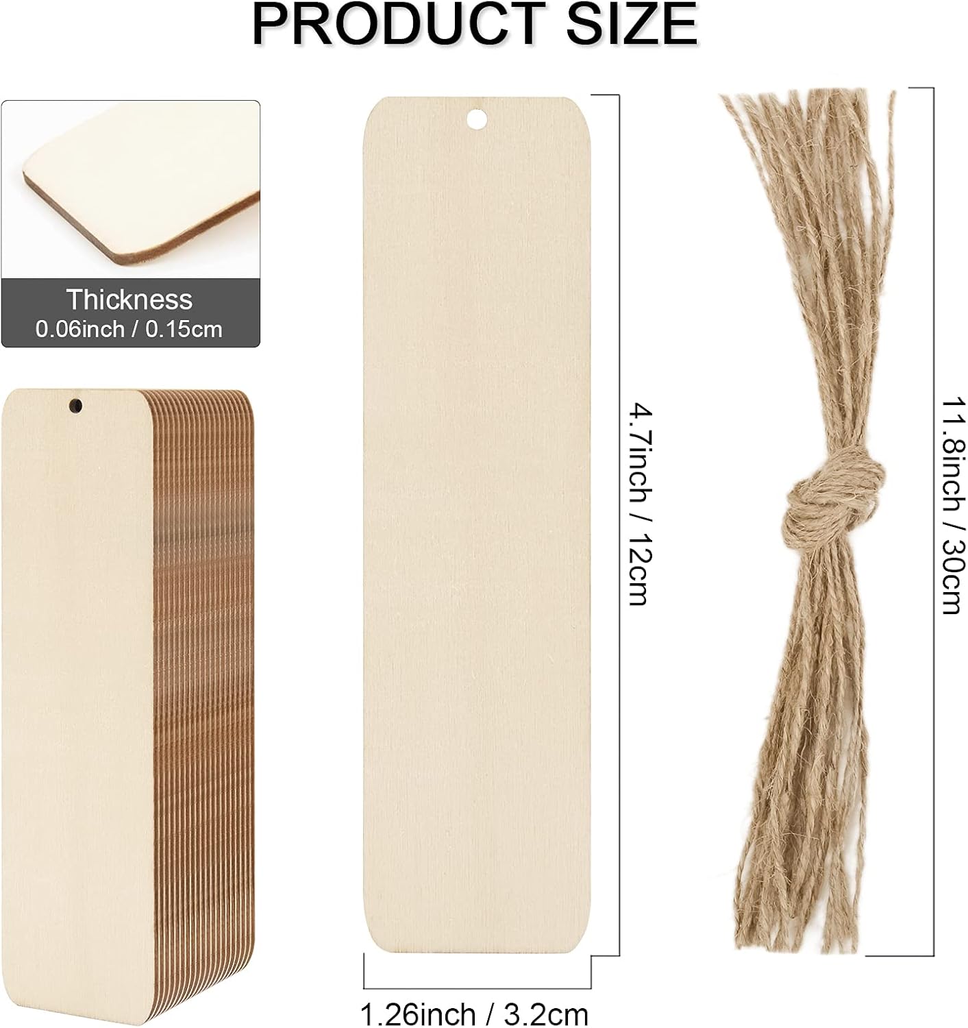 40 PCS Unfinished Wood Blank Pieces with Hole, Rectangle-Shaped Wood Hanging Tags DIY Wooden Bookmarks for Craft Projects, Hanging Decorations, Painting, Staining