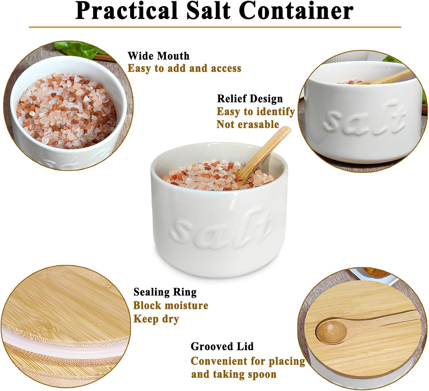 Salt Cellar with Lid and Spoon, 16 OZ Airtight Salt Container for Countertop, Ceramic Storage Container for Spices, White