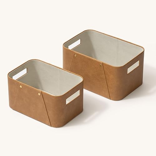 Miniatura 11 de LA JOLIE MUSE Cestas de almacenamiento para organizar, paquete de 2, cajas de almacenamiento de cuero vegano marrón de lujo y tela gris beige