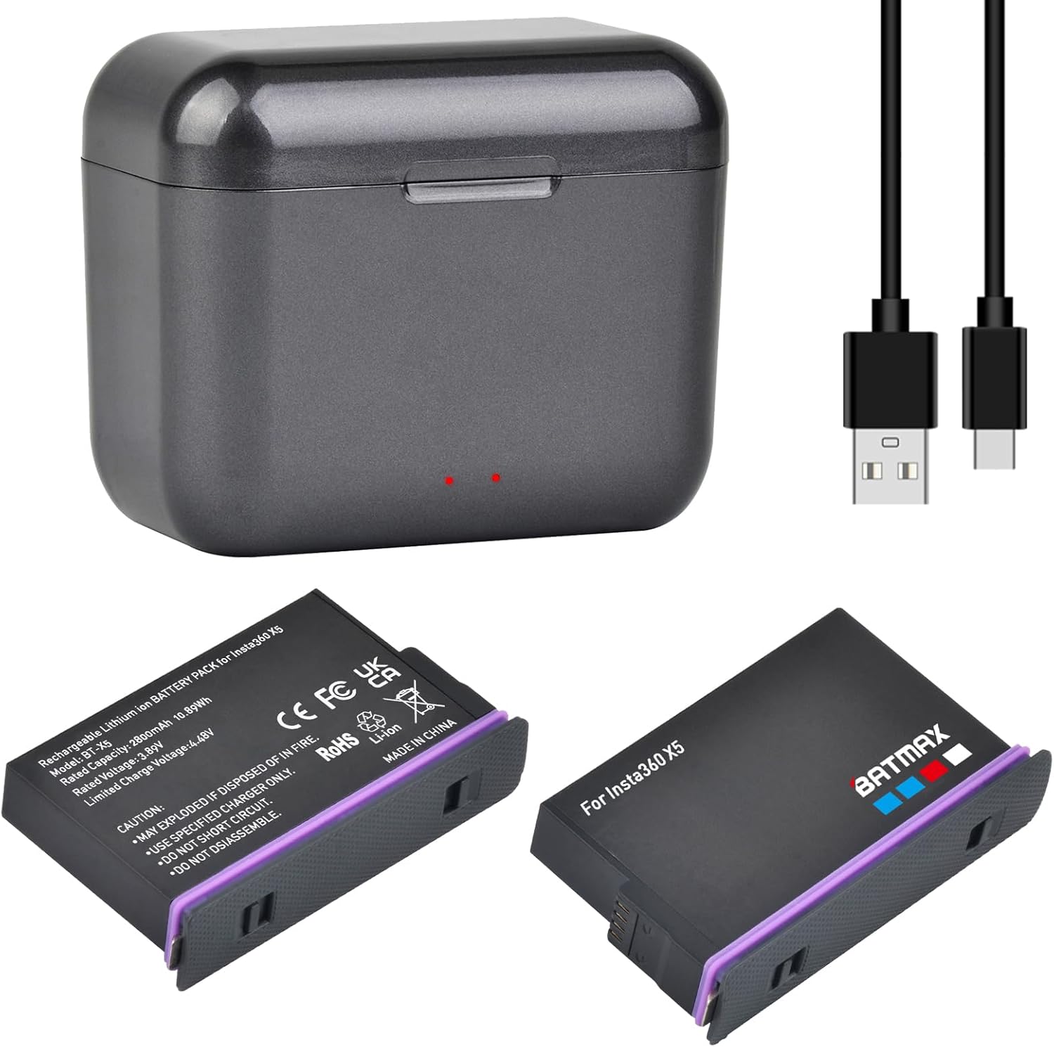 Batmax 2Pcs Battery + Box Storage Dual USB Charger for Insta360 X5 Camera Accessories