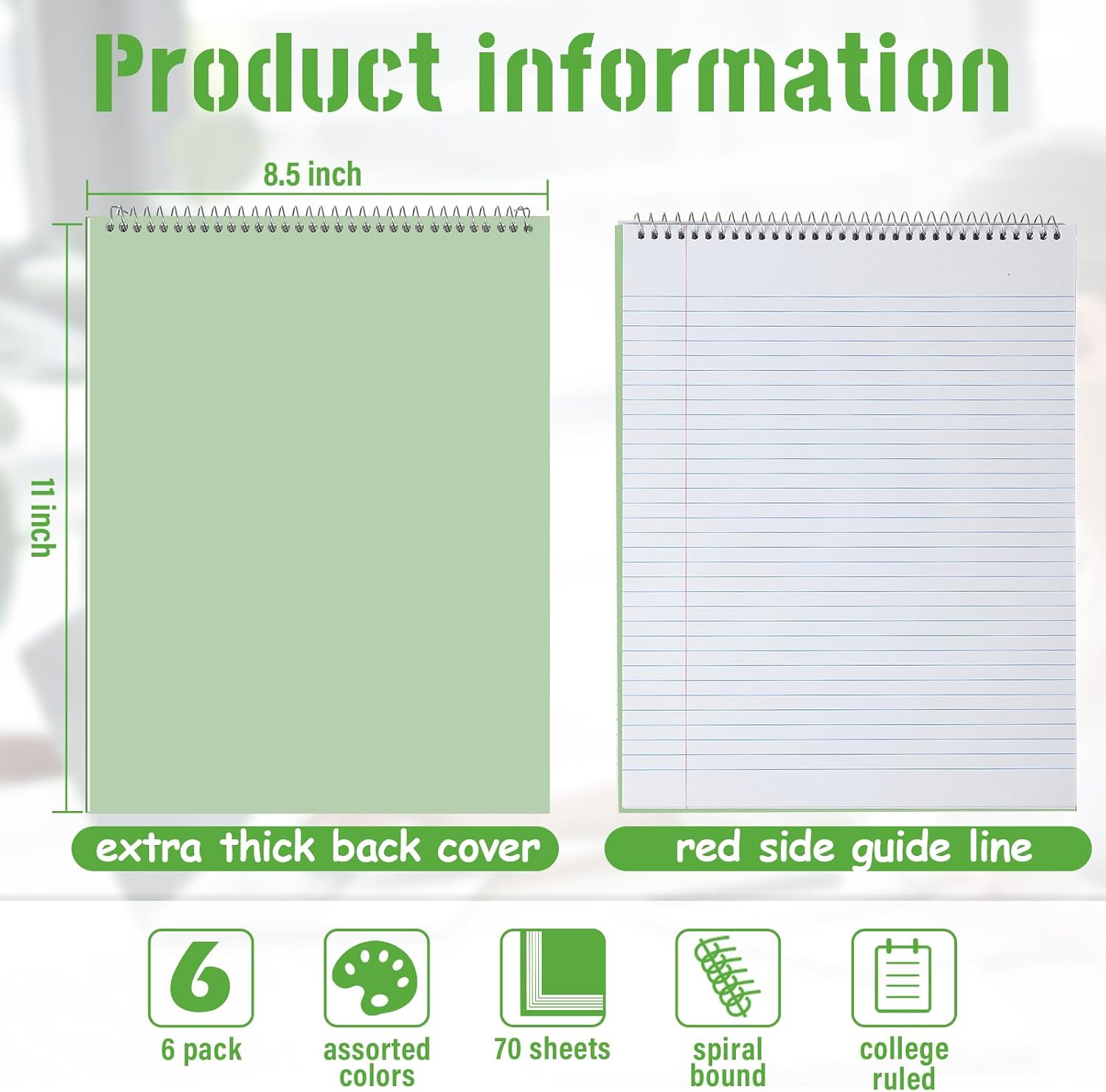 Resurhang 6 Pack 8.5 x 11'' Office Steno Book Double-sided Spiral Steno Books College Ruled White Paper 70 Sheets/Pad Pastel Colors Covers for School Office(Vivid Color,Classic Style)