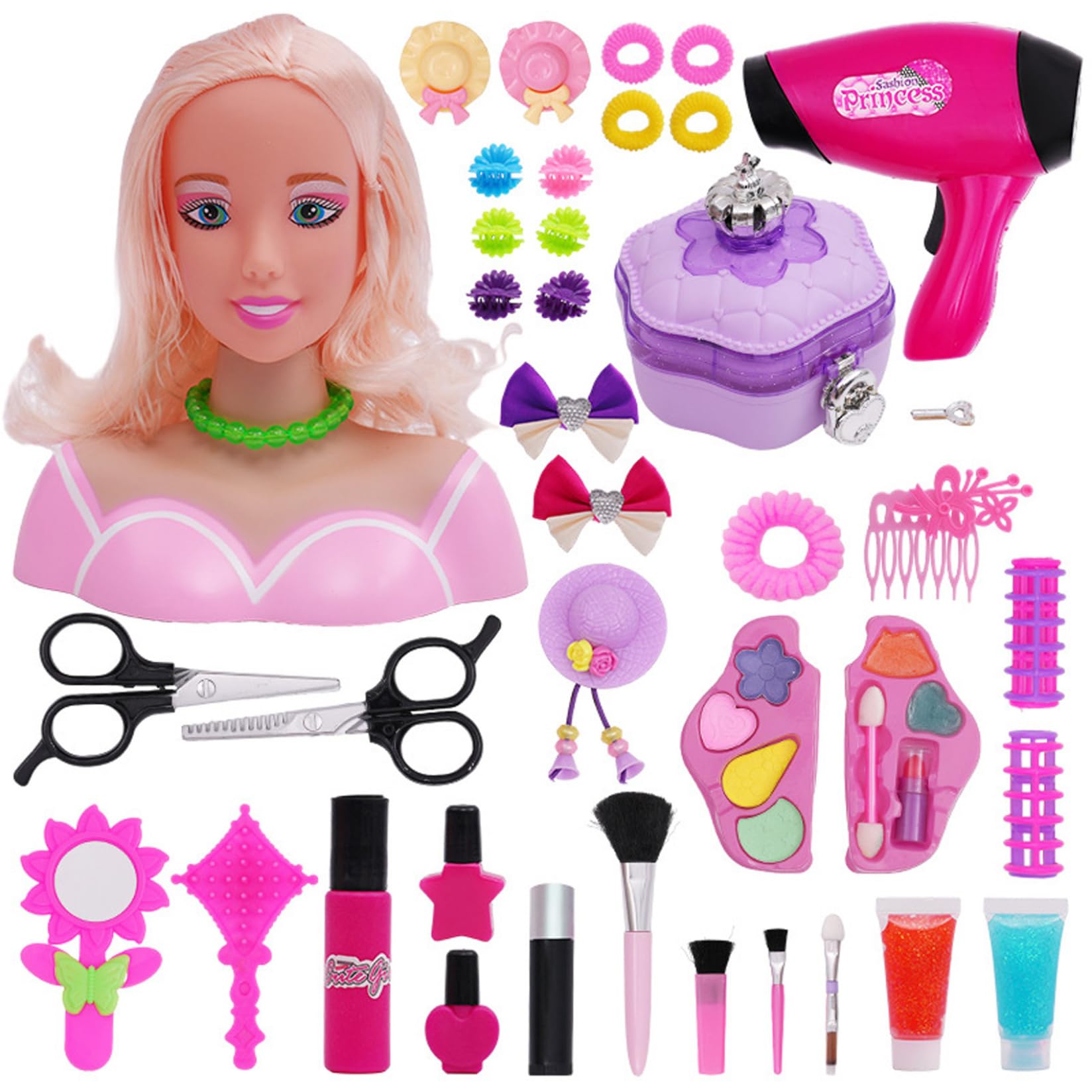 AwnsIMfreien Kids Hairdressing Set 41PCS/Set Cute Hairdresser Role Play for Kids Doll Head for Hair Styling with Hair Dryer and Accessories Pretend Makeup Sets for Girls, Hairdressing