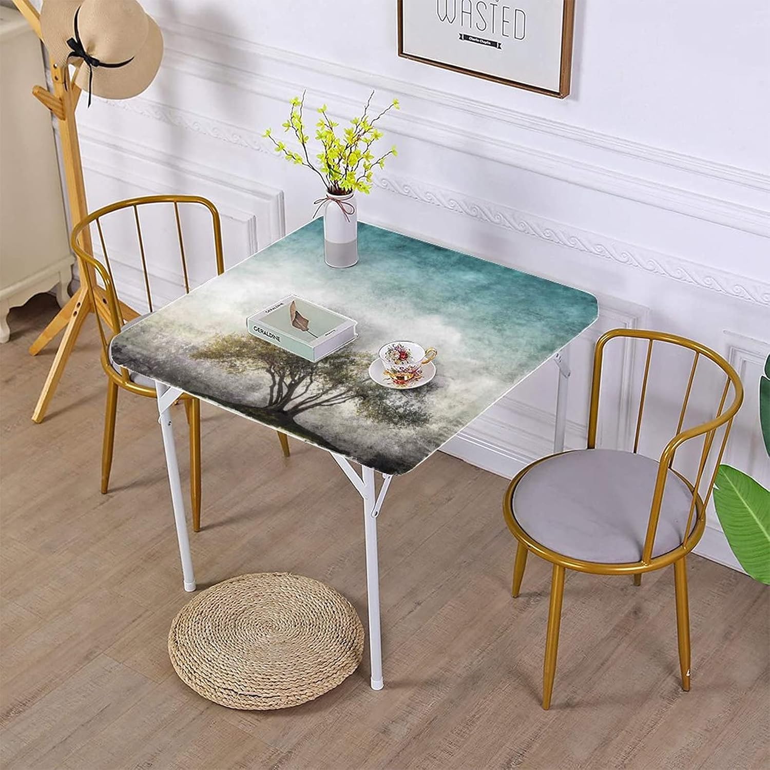 Decorative Elastic Edged Fitted Table Cover,Tree of Life Indoor Outdoor Polyester Fitted Tablecloth,Grunge Landscape with Single Tree and Retro Print Table Cover Protector, Fit Table up to 54"x54"