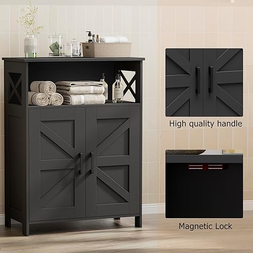 Miniatura 5 de Homhedy Armario de almacenamiento de baño con 2 puertas, gabinete de papel higiénico con estantes ajustables, armario de baño pequeño para Negro