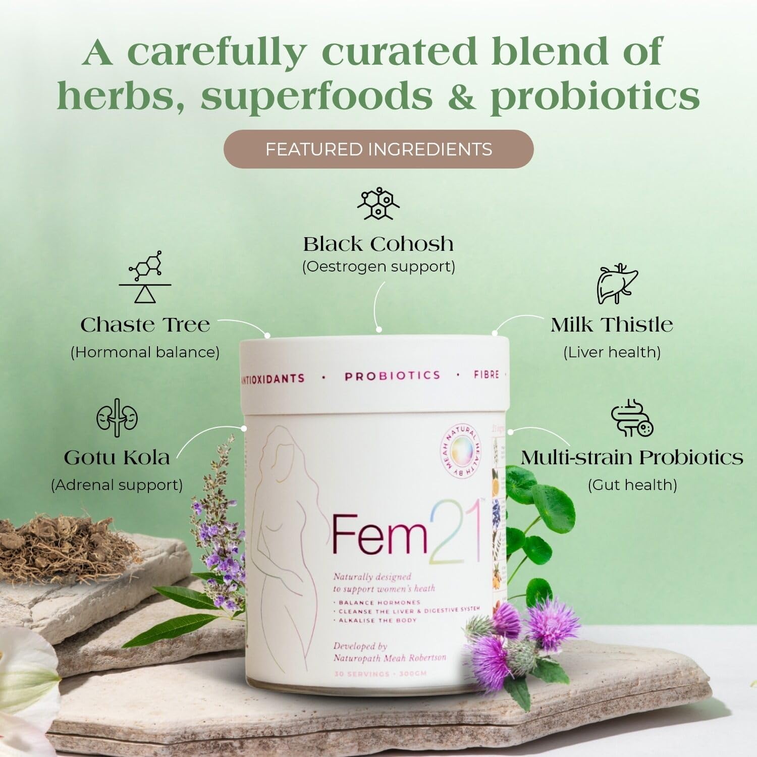 Nutritional Supplement for Women, Herbal Blend with 21 Superfoods for Women’s Wellness and Vitality, with Prebiotics, Probiotics and Antioxidants, 1-Month Supply, 300 g