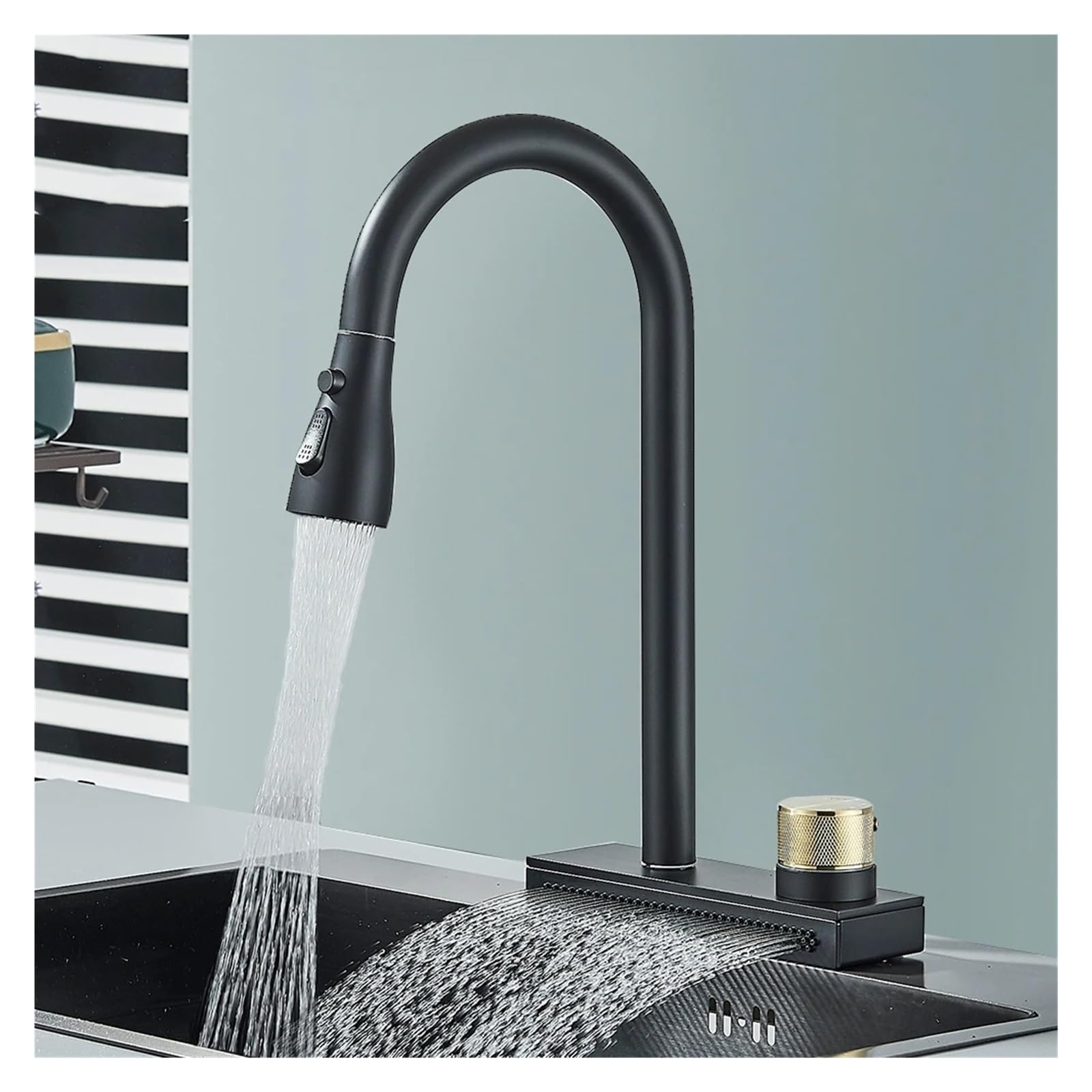 Mitigeur d'évier à cascade de pluie noire : robinet de cuisine au design contemporain épuré