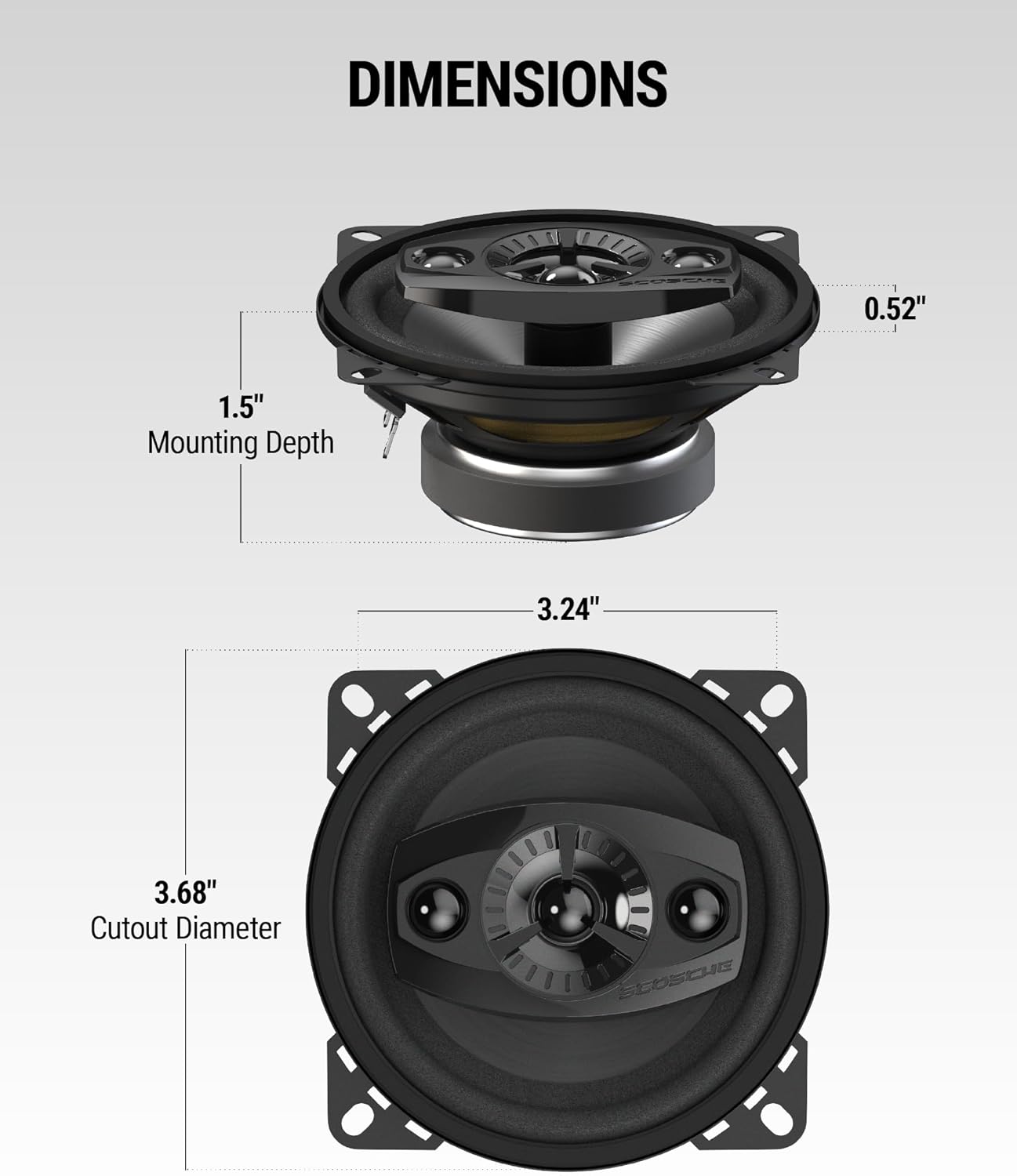 Detailed dimensions of the Scosche HD4004A-WM1SD speaker, showing mounting depth, cutout diameter, and overall size.