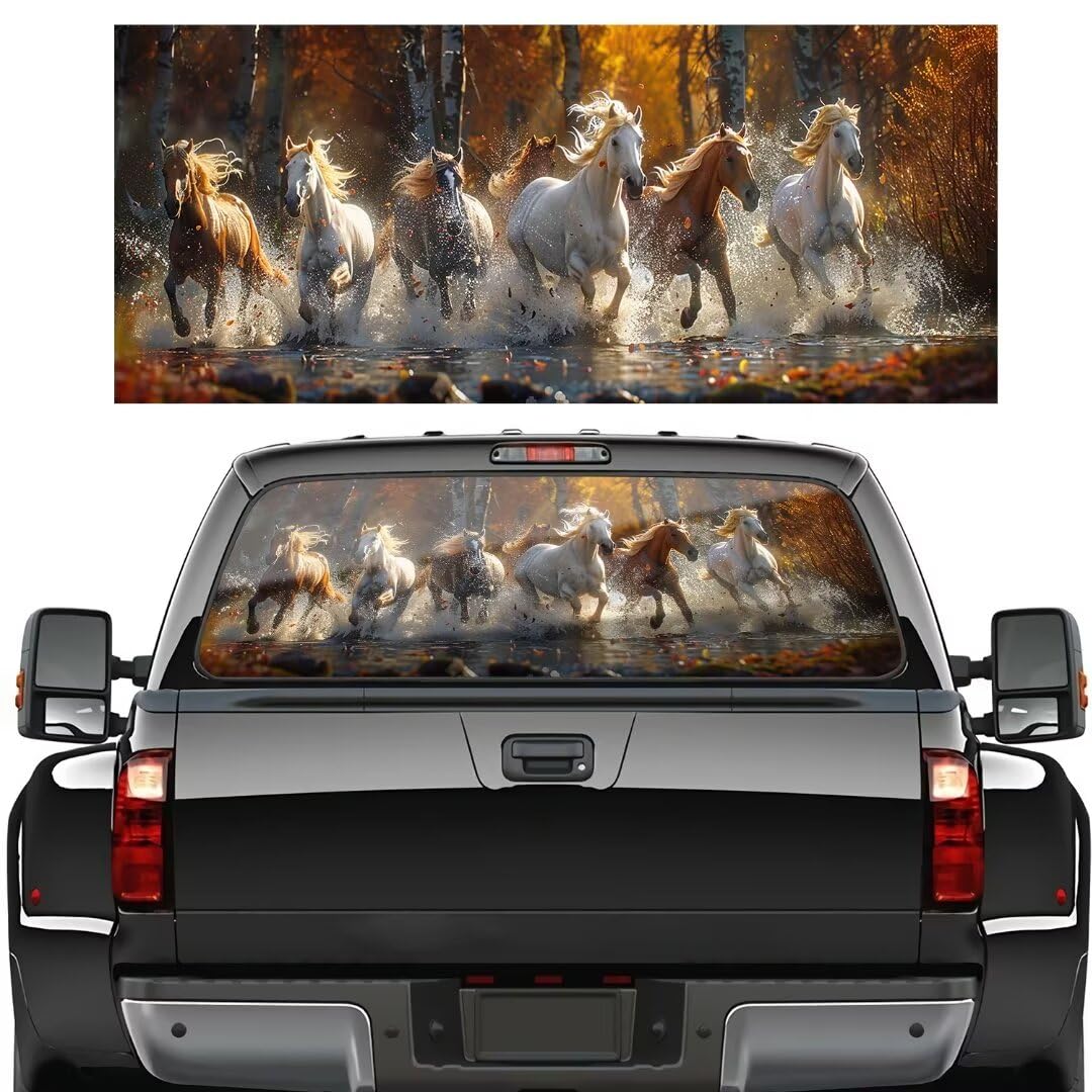 Camion lunotto posteriore Un gruppo di cavalli che corrono lungo il fiume Pittura Decalcomanie grafiche Pickup Car Rear Window Stickers 58 "x 18" Truck Back Window Film perforato vinile finestra