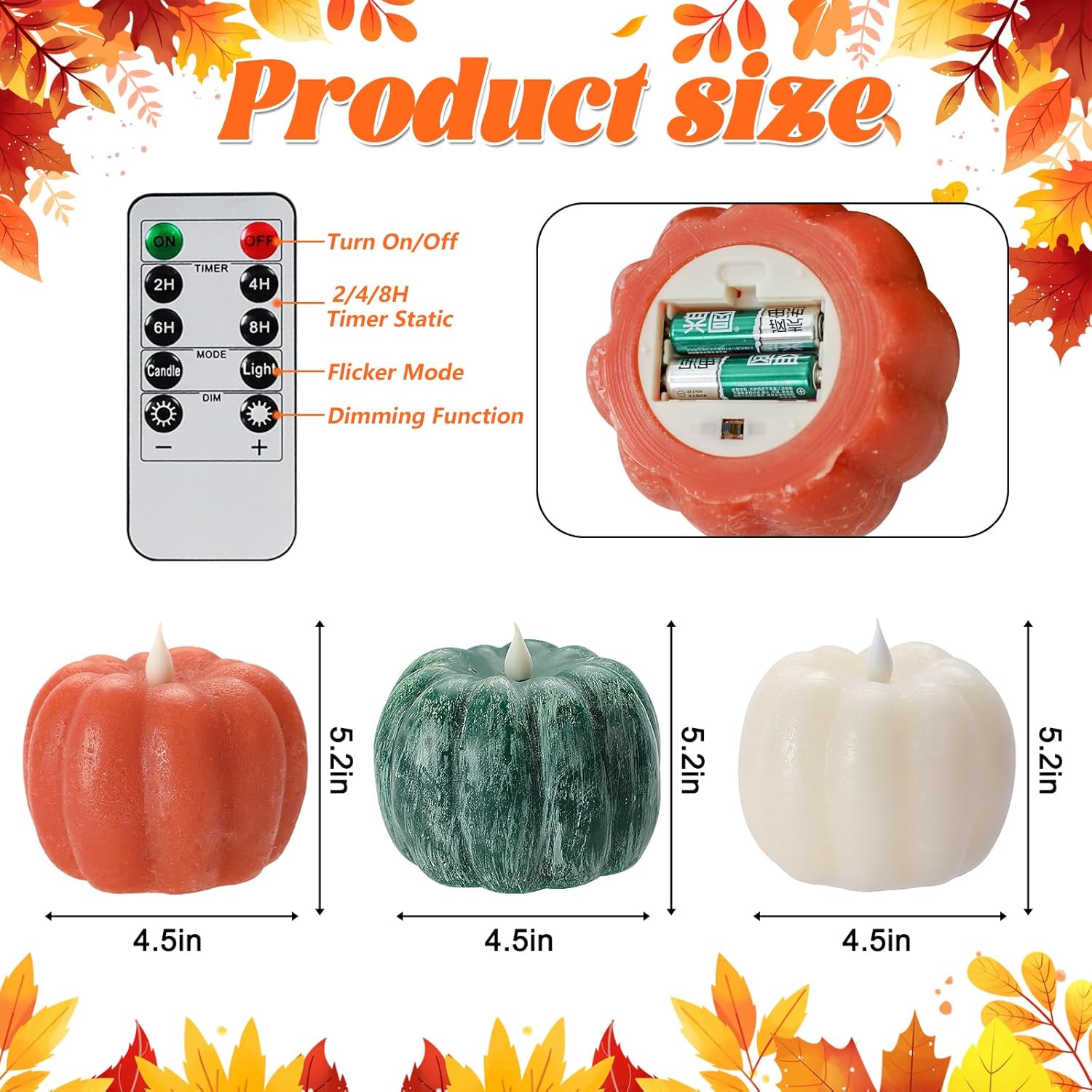 Set of 3 Fall Decor Flameless Pumpkin Candles - Battery-Powered Flickering Candle with Timer Remote Control, Thanksgiving Gifts, Autumn Farmhouse Rustic Harvest Decor White, Green, Orange