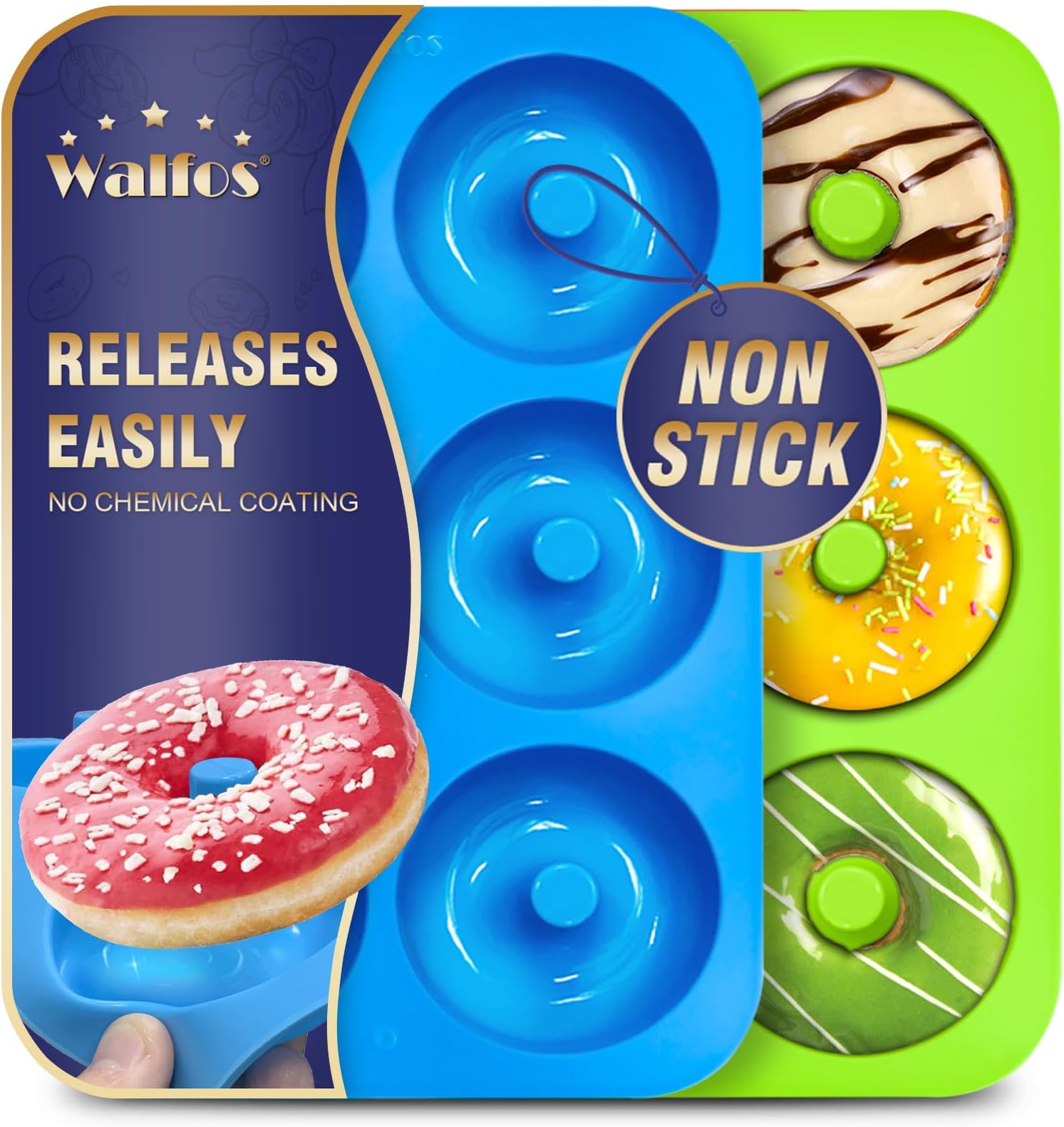 Walfos Silicone Donut Mold - Non-Stick Silicone Doughnut Pan Set, Heat Resistant, Make Perfect Donut Cake Biscuit Bagels, BPA FREE and Dishwasher Safe, Set of 2