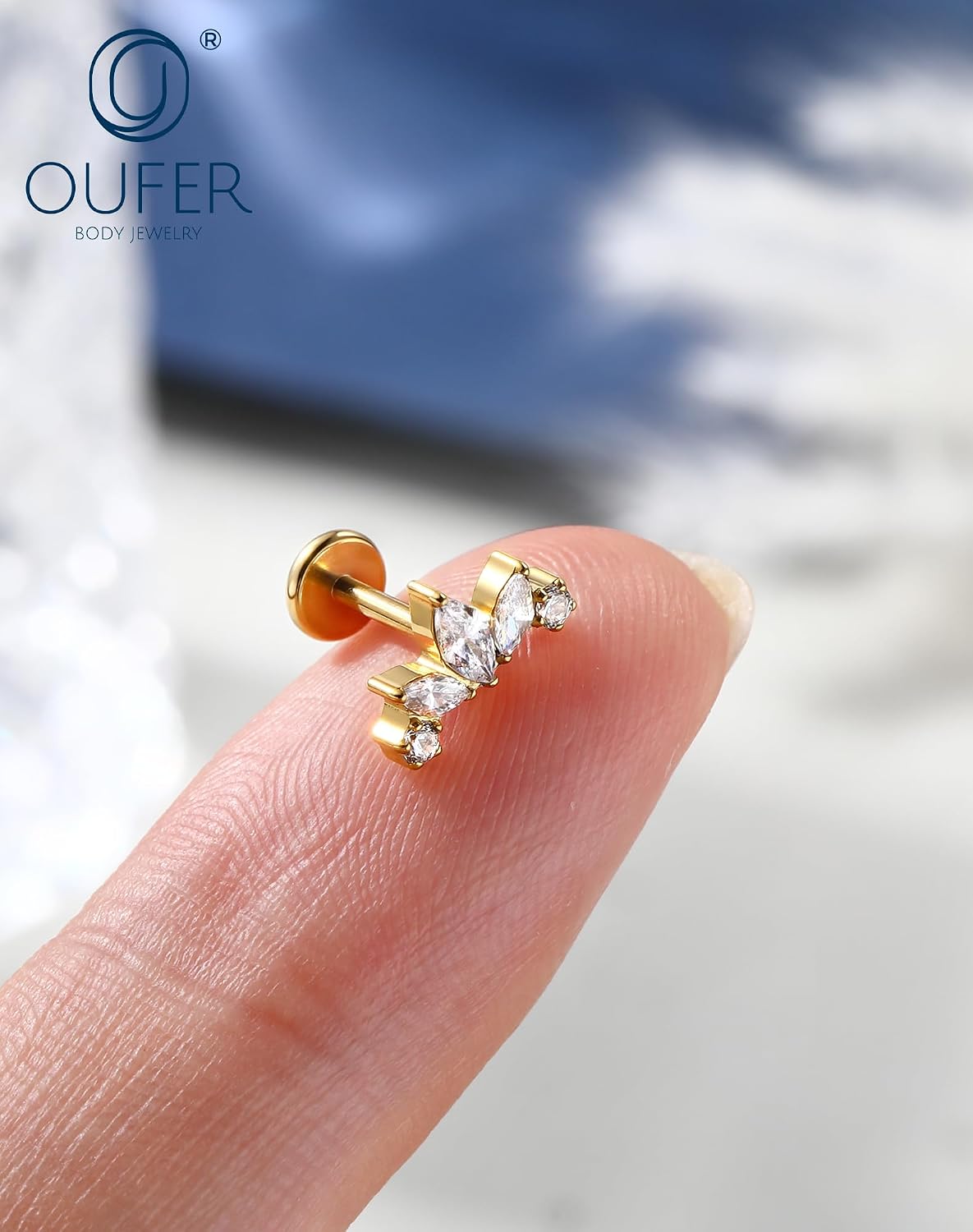 OUFER Flat Back Cartilage Earrings-18G Clear CZ Forward Helix Piercing Jewelry, G23 Titanium Push Pin Lobe Helix Rook Tragus Earrings