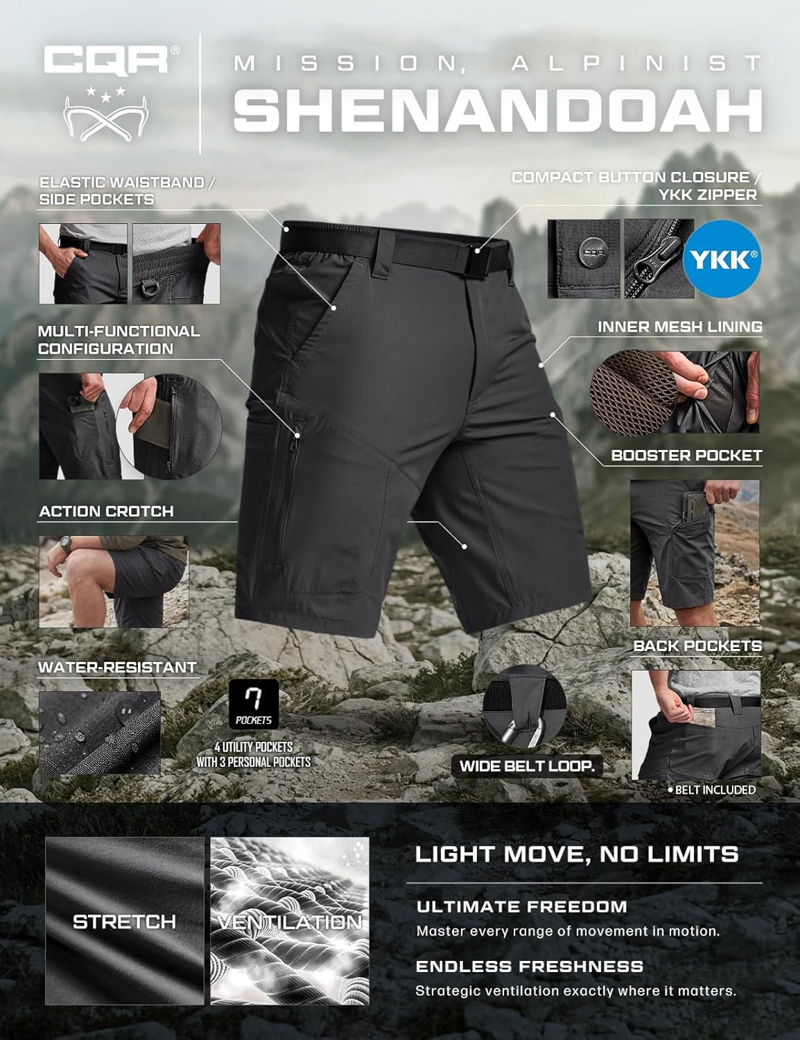 CQR Men's Quick Dry Stretch Hiking Cargo Shorts, Lightweight Water Resistant Tactical Casual, Golf & Outdoor with Pockets