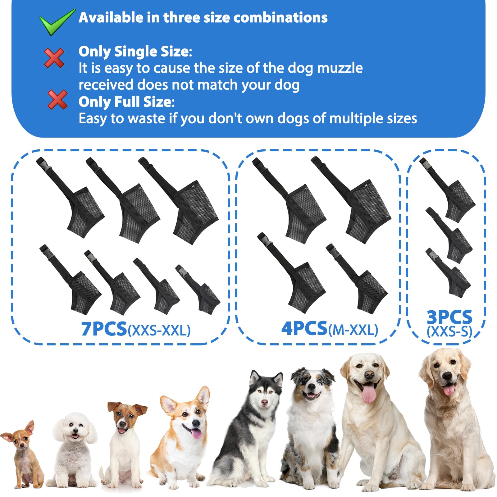 Lot de 7 muselières pour chiens de petite, moyenne et grande taille, muselière en maille pour chiens anti-morsure, mastication, aboiement, ensemble de muselière respirante avec sangle réglable pour le