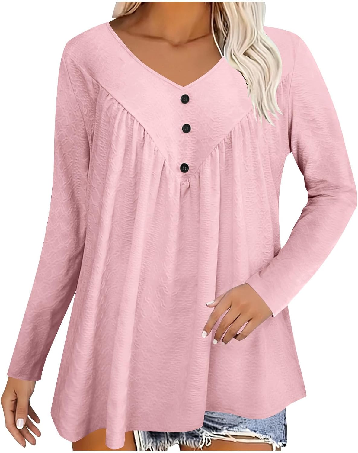 Plus Size Tunic Tops for Women Long Sleeve V Neck Shirts Textured Flowy Pleated Front Blouses Spring Summer Outfits