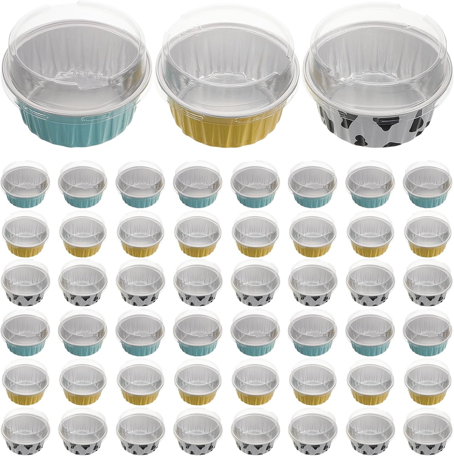 120pcs Mini Foil Baking Cups with Plastic Lids, Disposable Aluminum Pudding Molds and Small Tart Tins, Multicolor Assortment for Oven and Air Fryer Baking, Party and Wedding