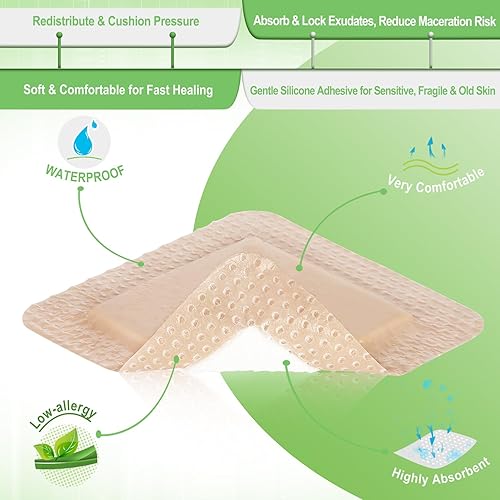 Miniatura 5 de NeuHeils Apósito de espuma de silicona con borde suave de 3 x 3 pulgadas, 20 paquetes para úlceras por presión y úlcera por presión, parche de